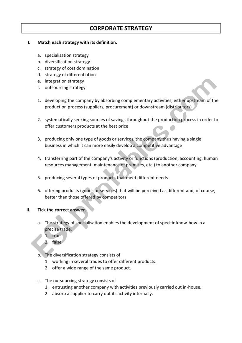 CORPORATE STRATEGY worksheet
