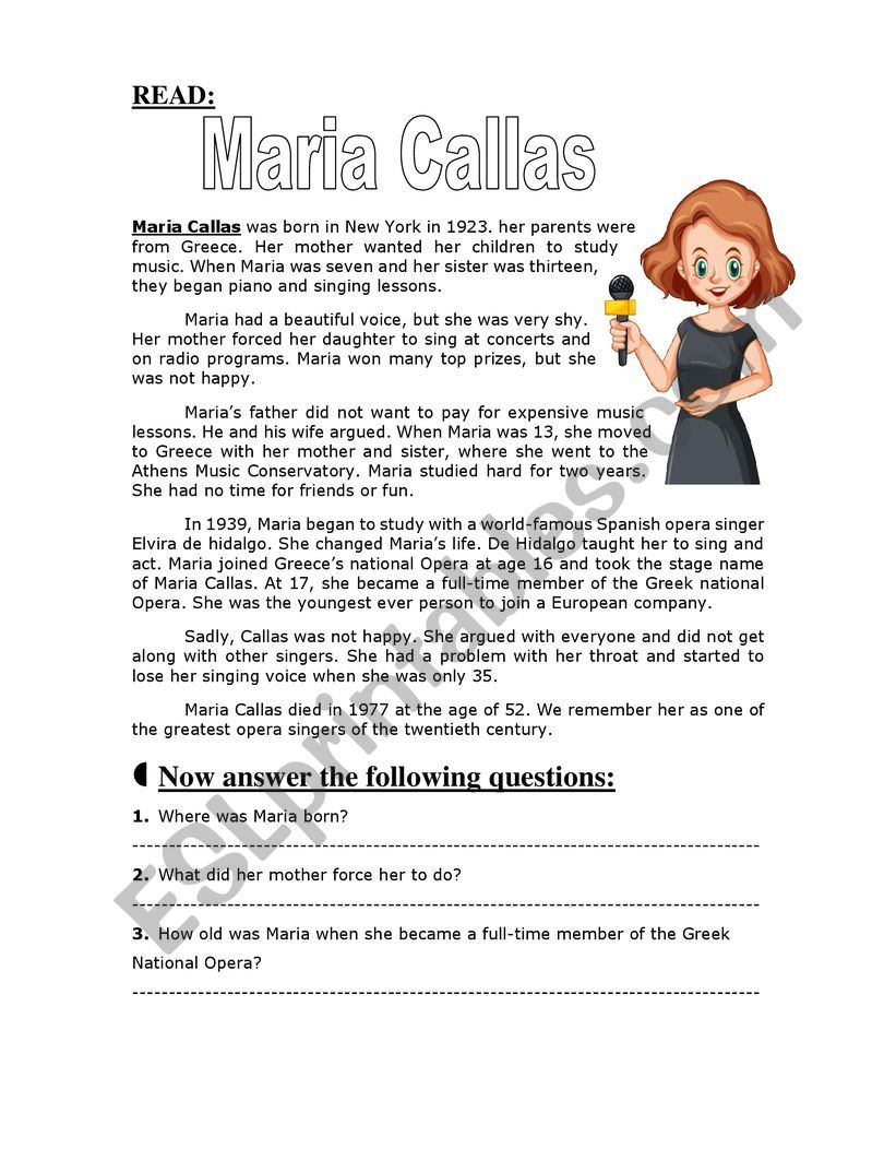 reading comprehension about Maria Callas 