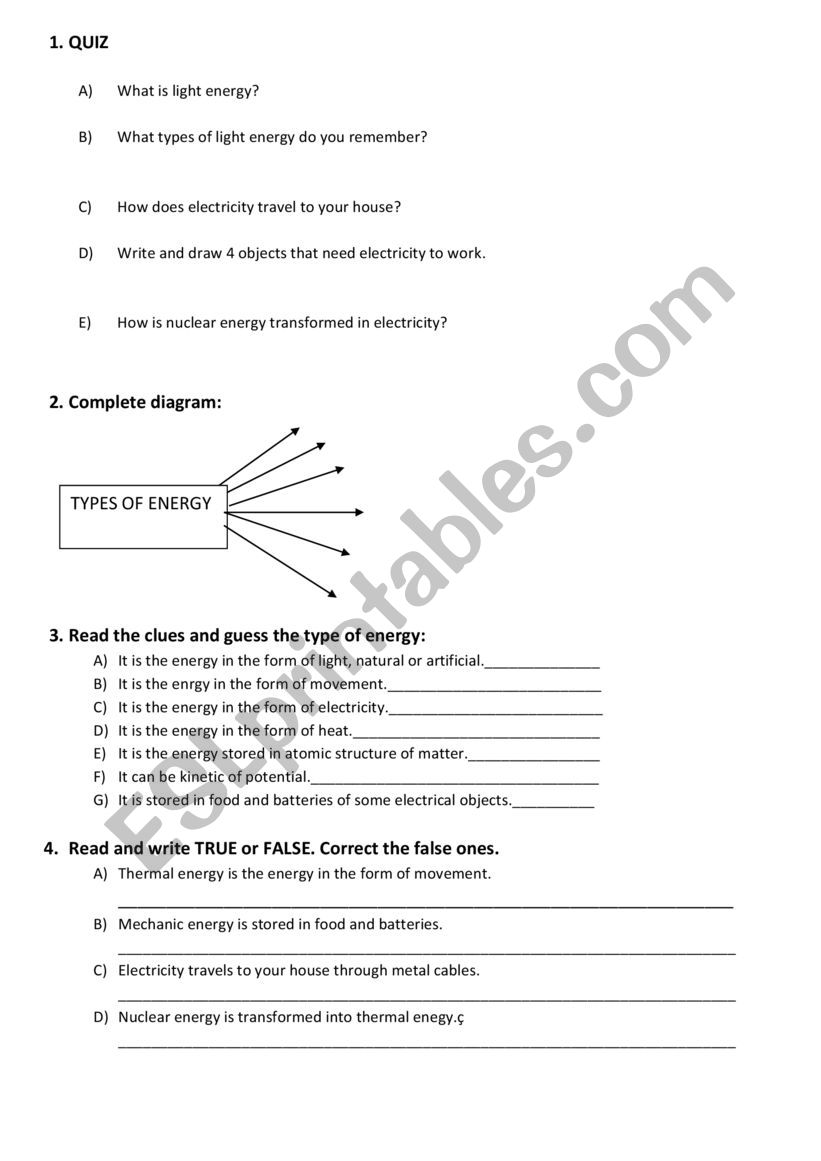 Energy activities worksheet