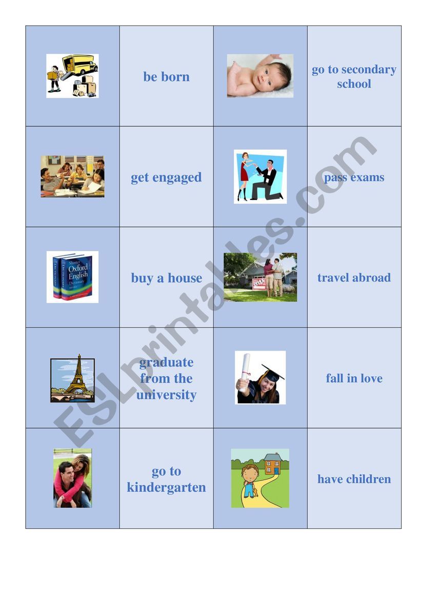 Life events (matching cards) worksheet