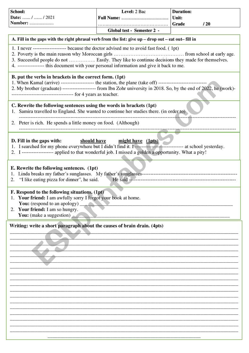 Quiz 2 bac language  worksheet