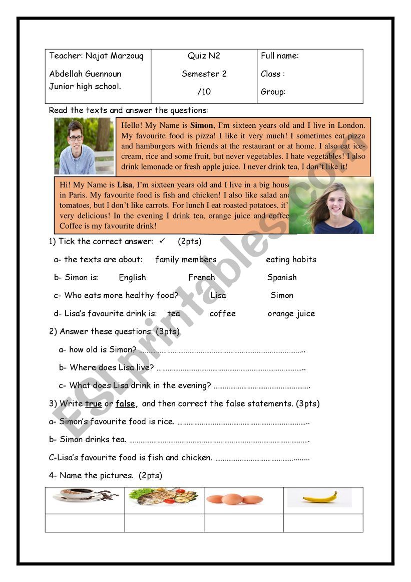 food and drink worksheet