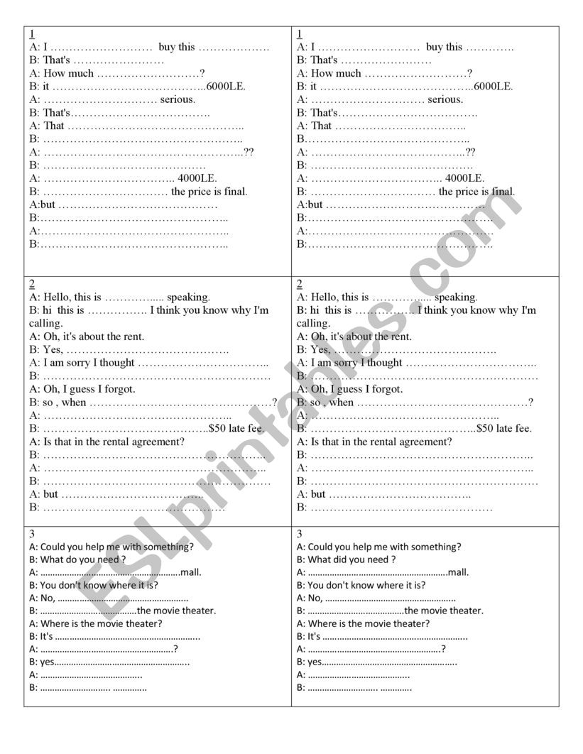 shopping role play cards worksheet