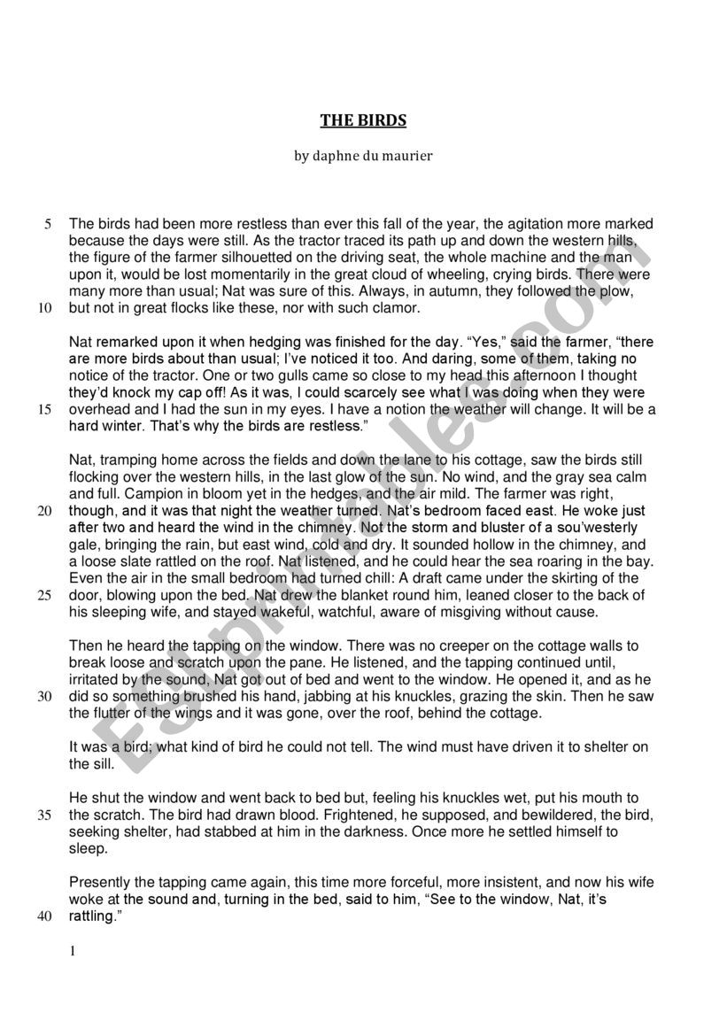 THE BIRDS DAPHNE DU MAURIER worksheet