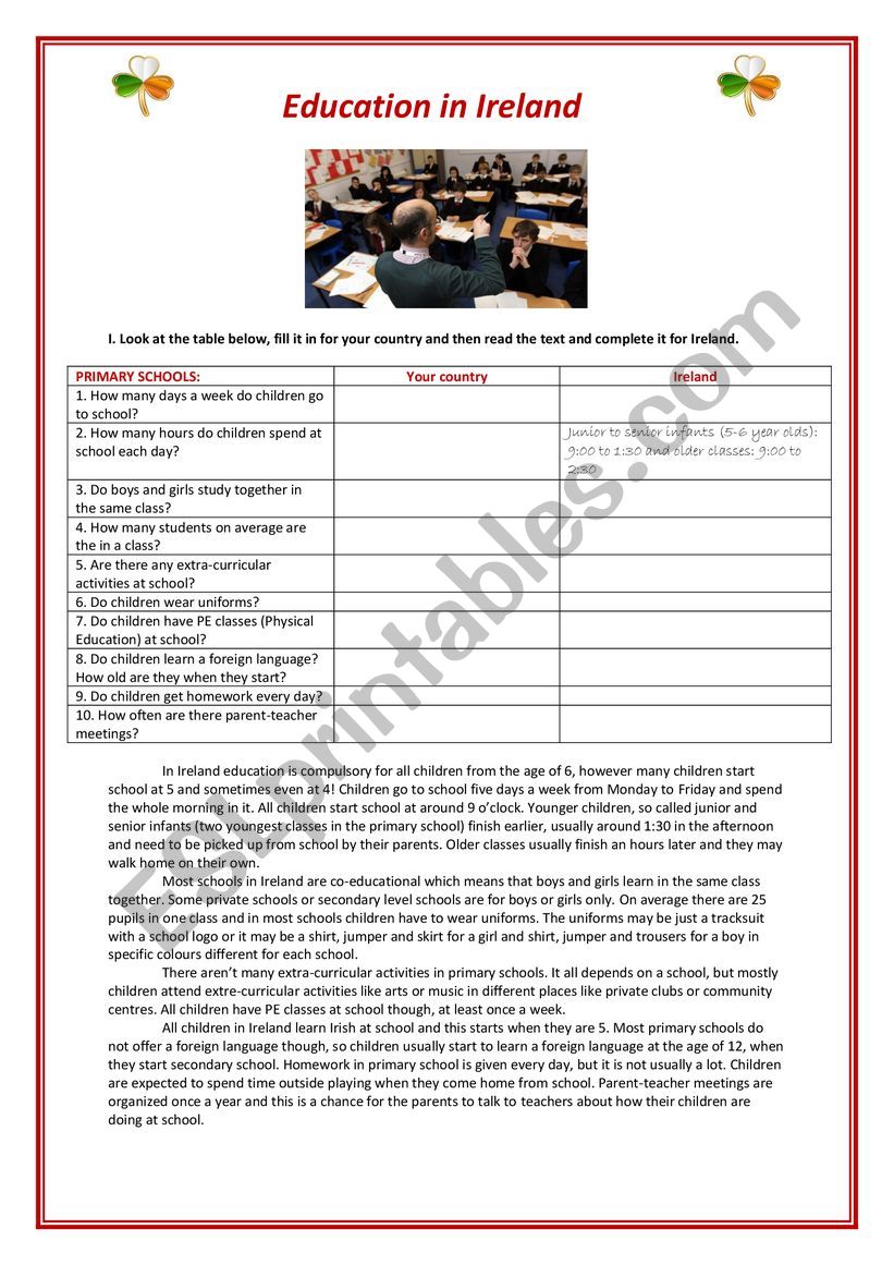 Education in Ireland worksheet