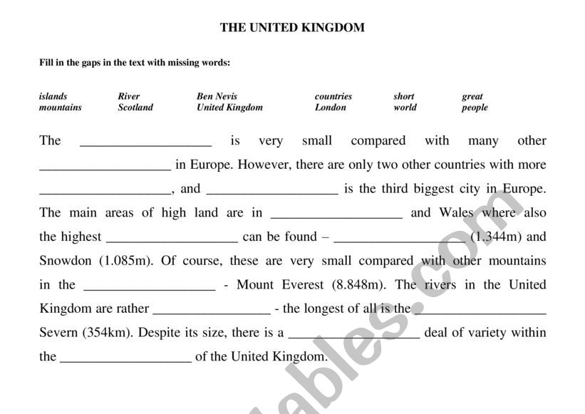 The United Kingdom worksheet