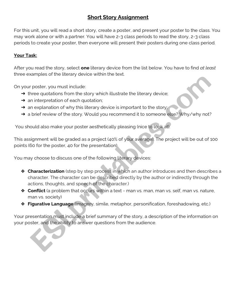 Short Story Project worksheet