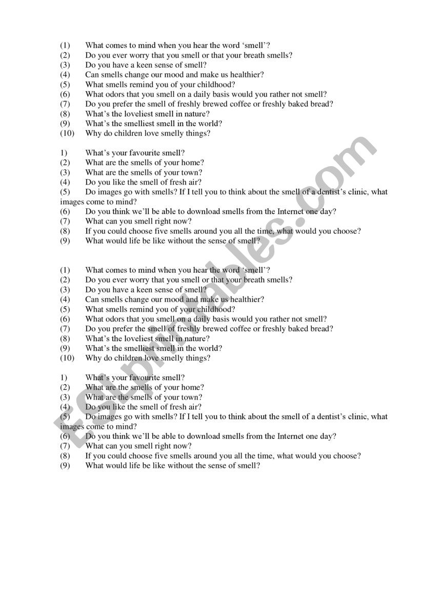 Smells discussion worksheet