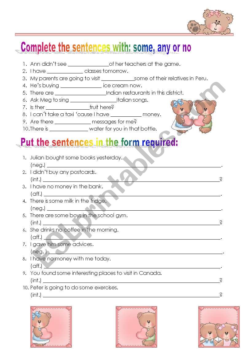 Some, any or no. worksheet