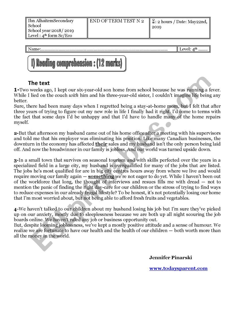 fuii-term 2 test 4th year worksheet