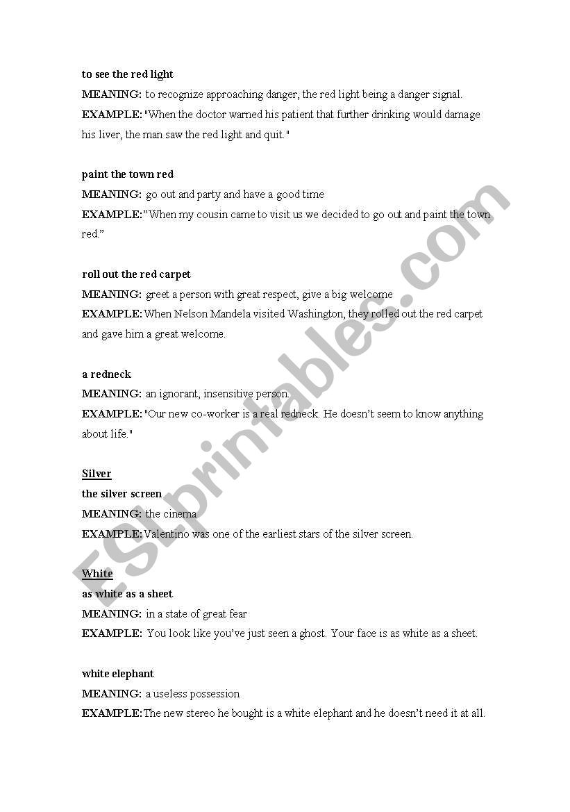 English Worksheets Colour Idioms