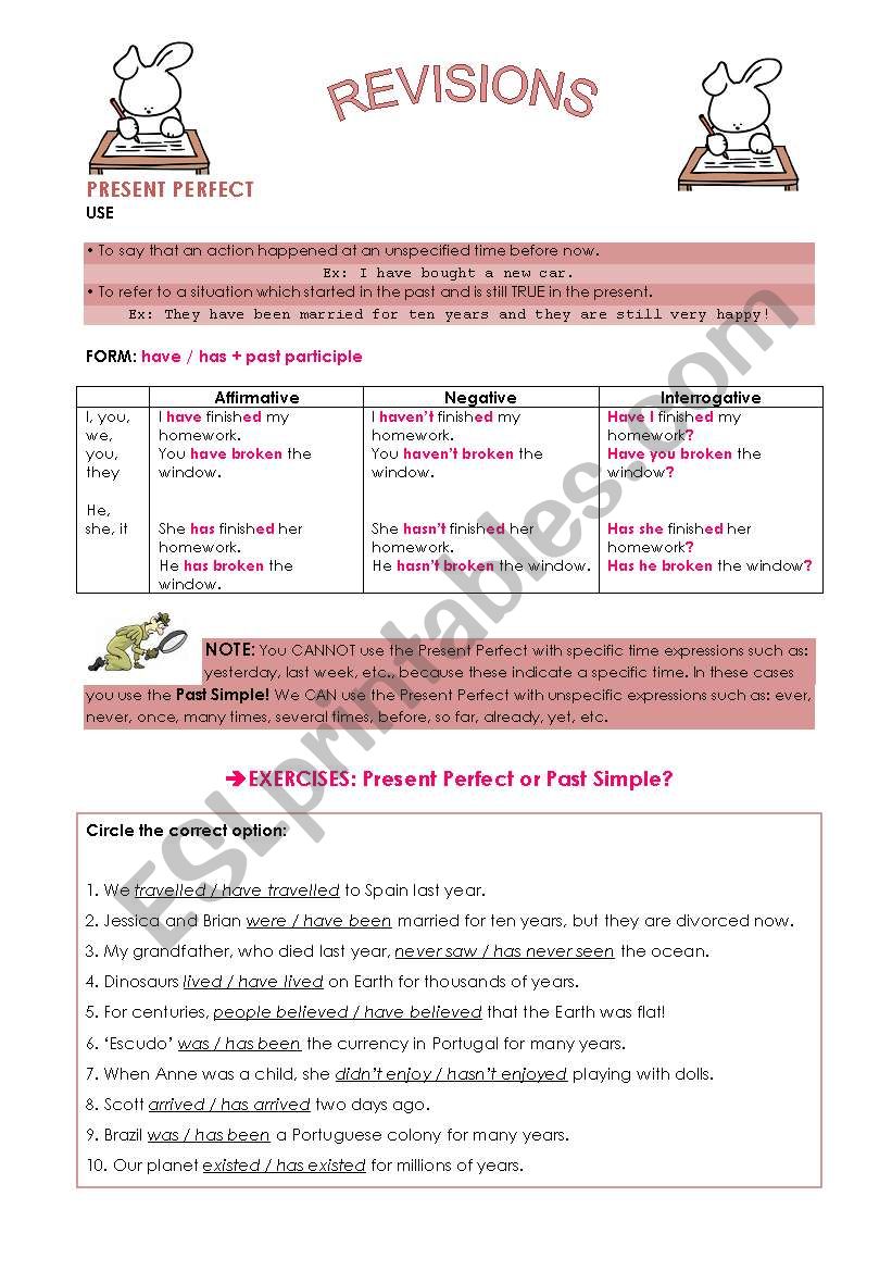 PRESENT PERFECT REVISIONS worksheet