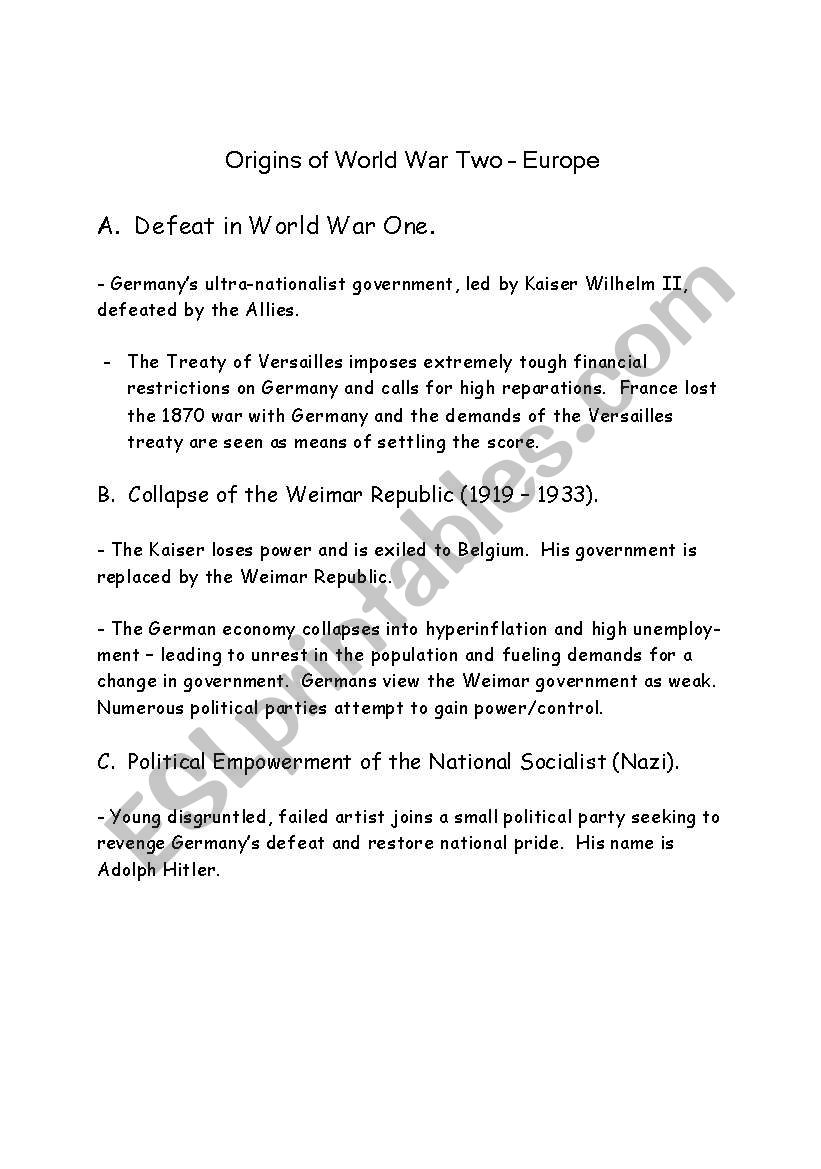 Origins of World War II worksheet