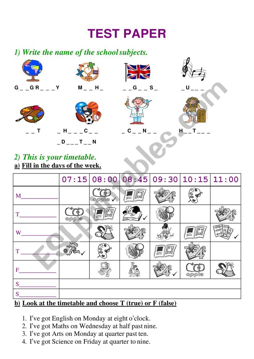 Telling the Time, School Subjects and Present Simple Test