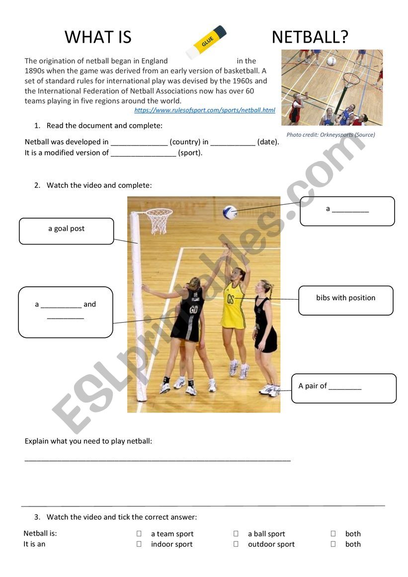 Netball introduction worksheet
