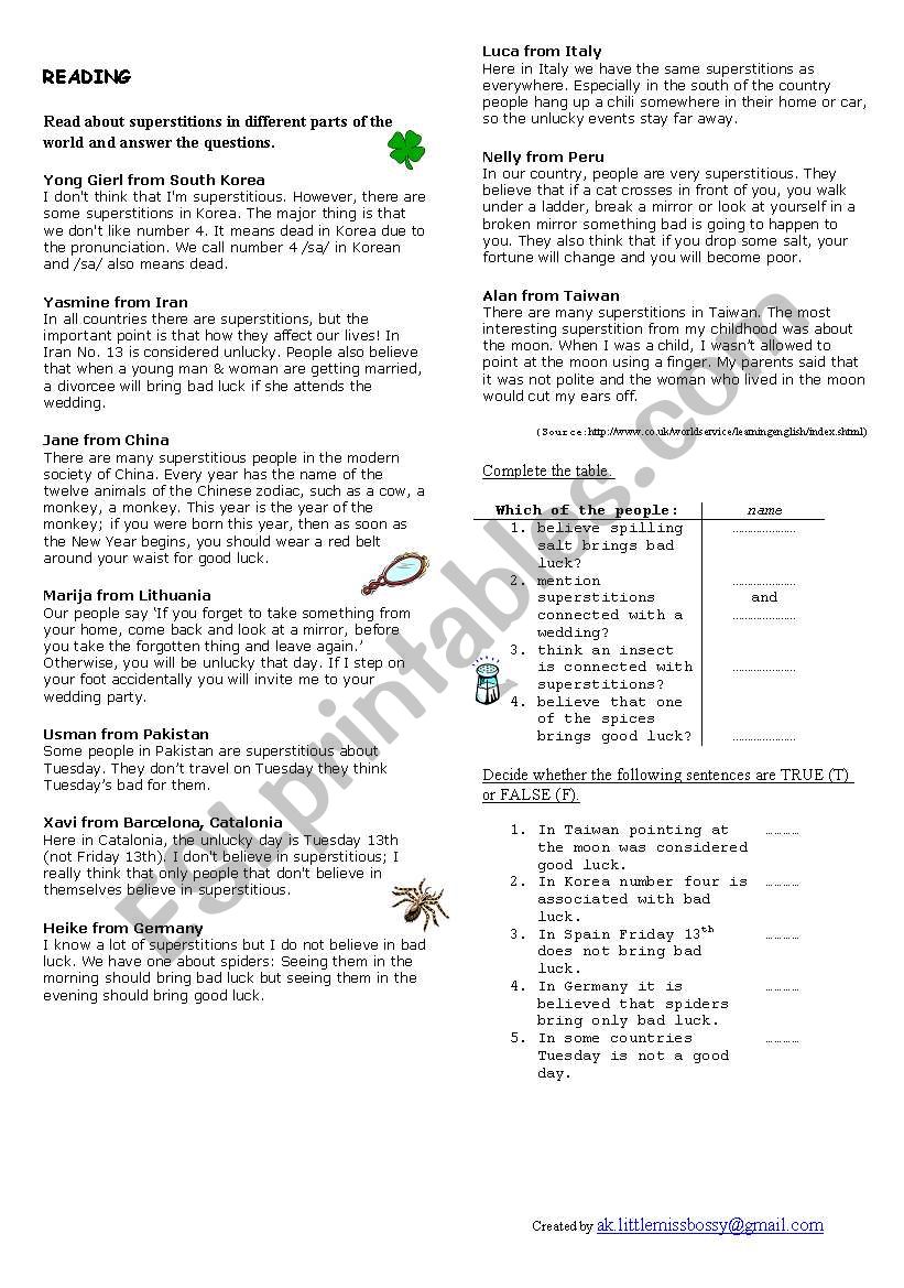 Superstitions - reading worksheet