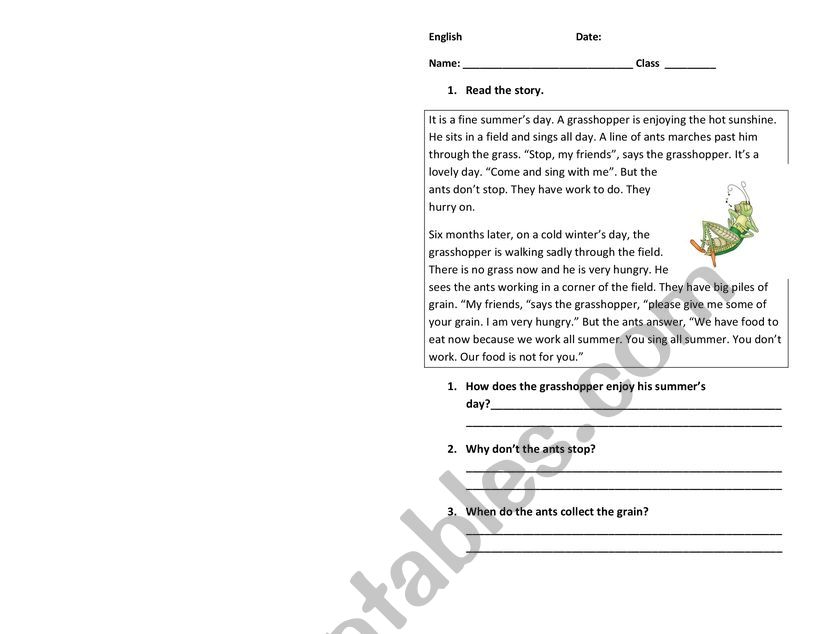 The Grasshopper and the Ants worksheet