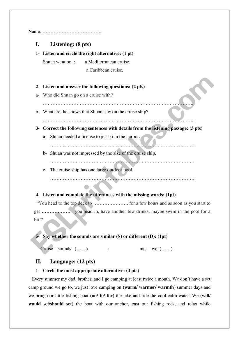 Mid-term Test - 4th form worksheet