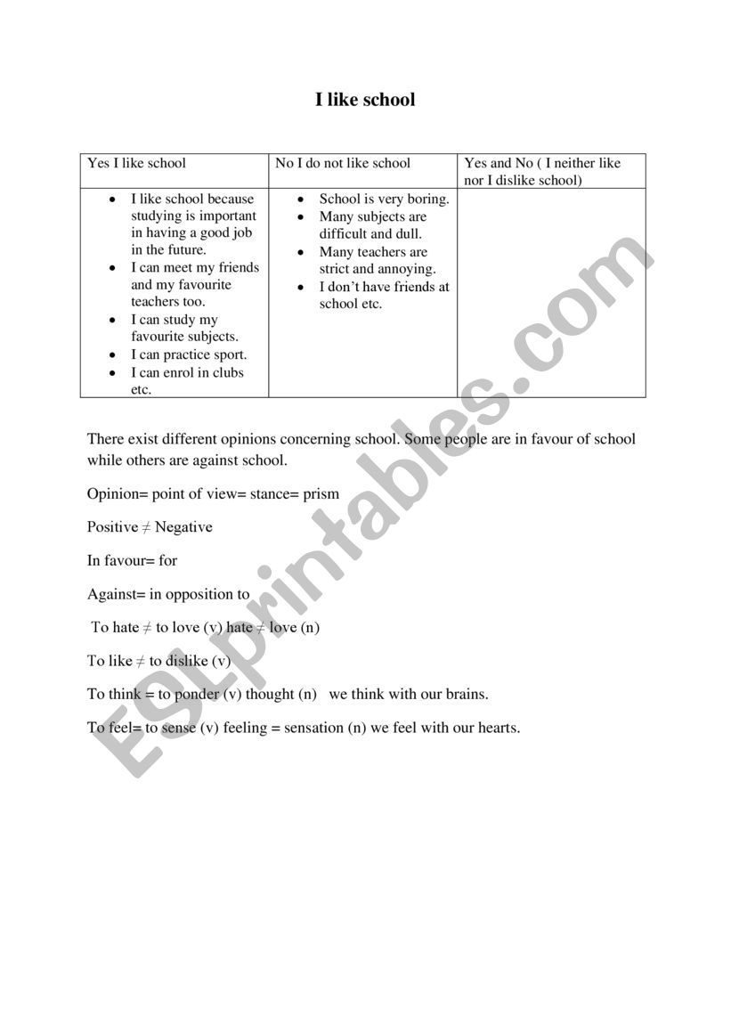 Do you like school?  worksheet