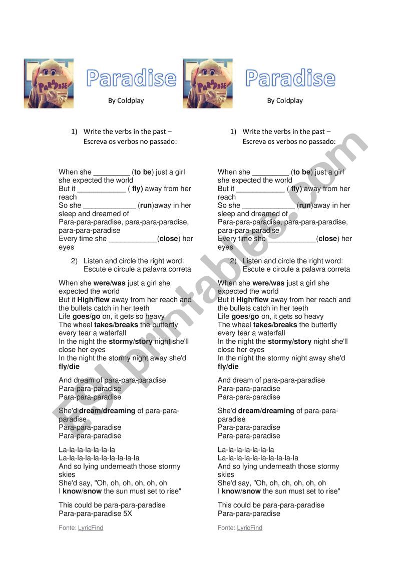 Song Paradise by Coldplay worksheet