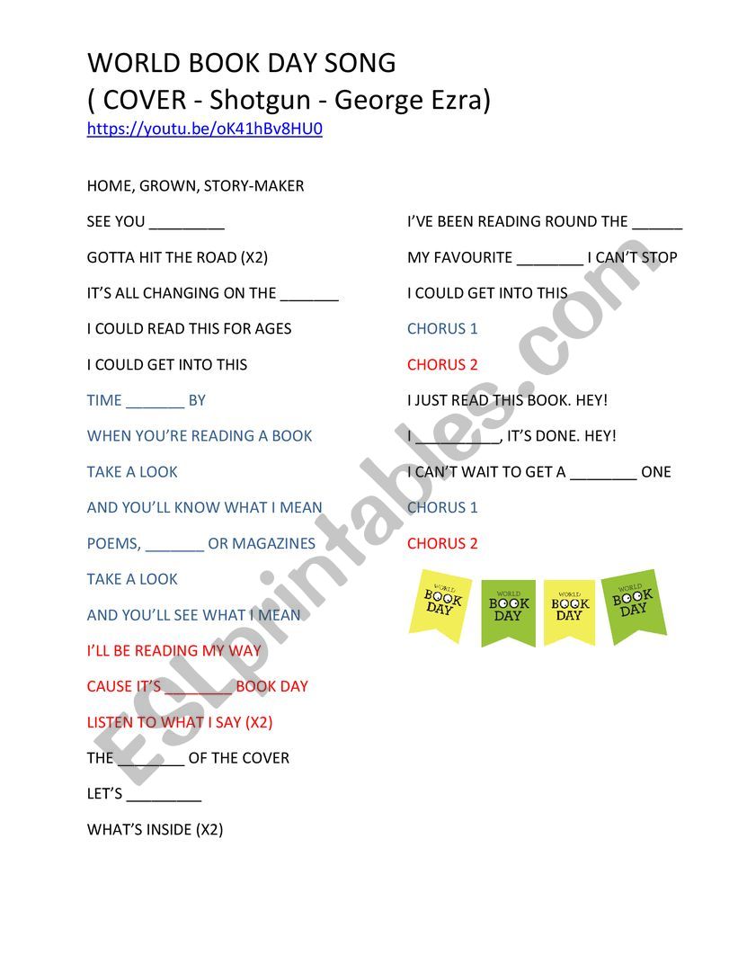 book day song worksheet