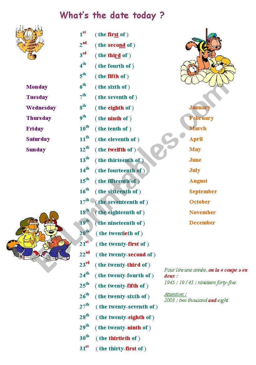 days, ordinal numbers, months and years