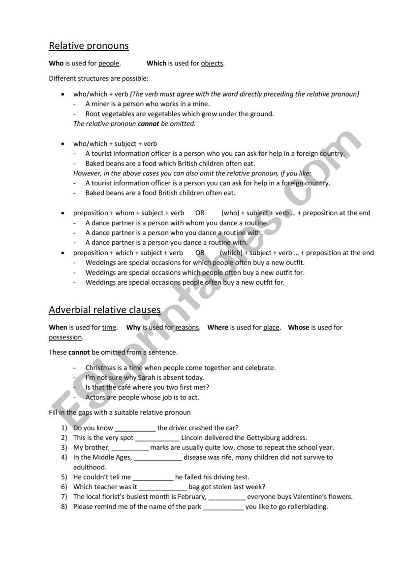 Relative Pronouns Overview ESL Worksheet By FrauSue