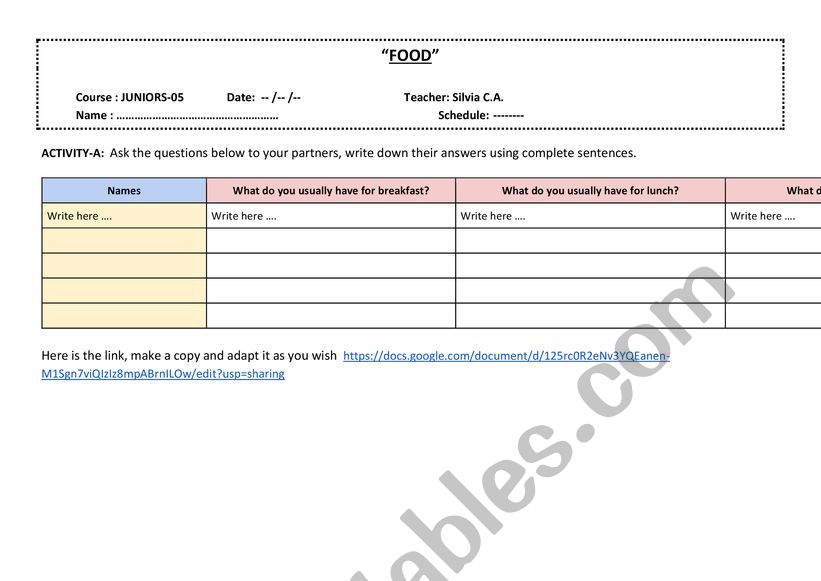 Food interview chart worksheet