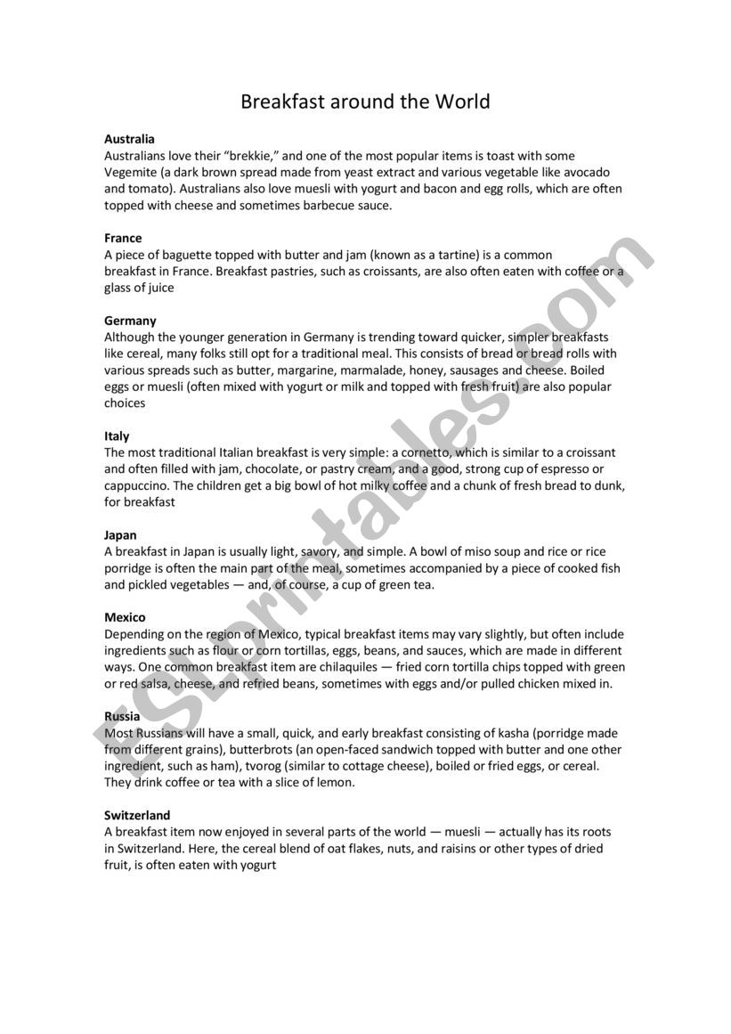 Breakfast around the world reading comprehension 