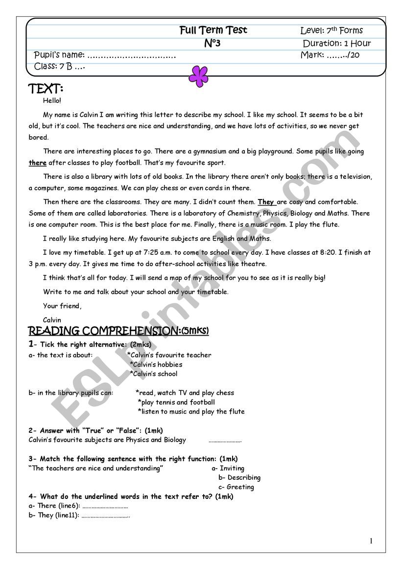 Full term test 7th form worksheet