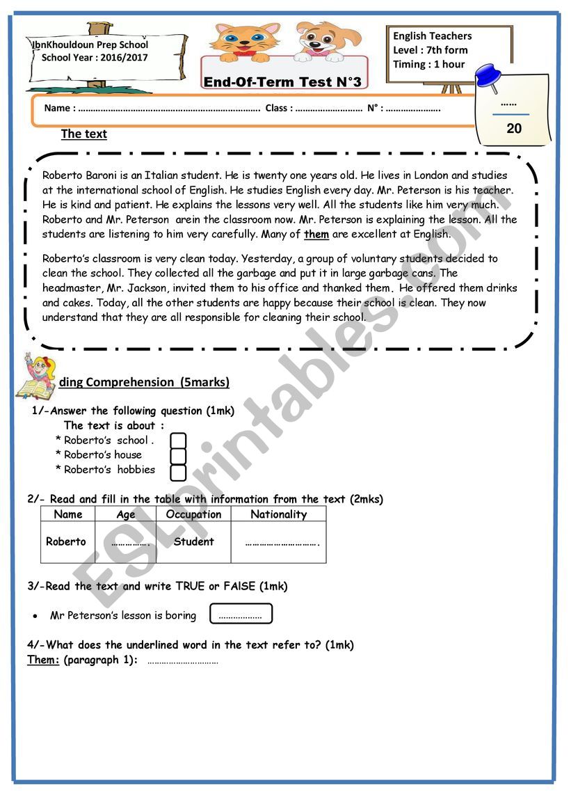 Full term test 7th form worksheet