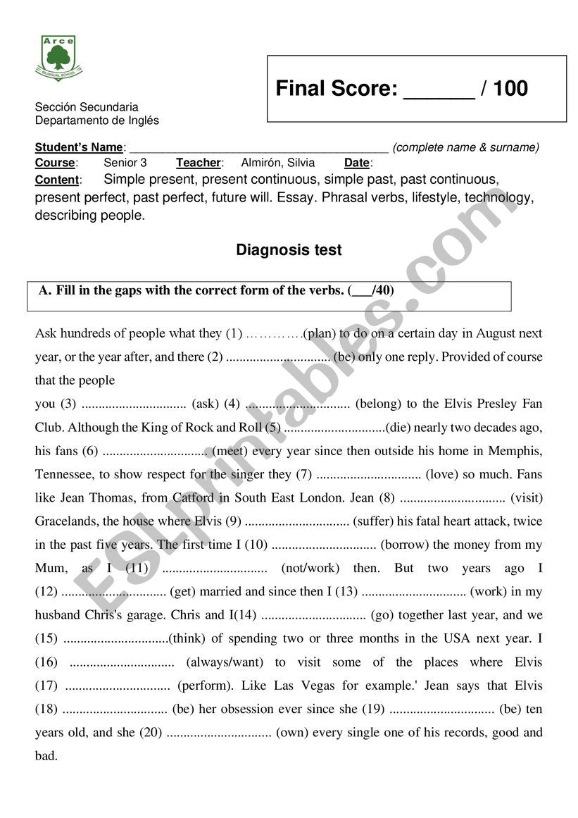 Diagnosis test worksheet