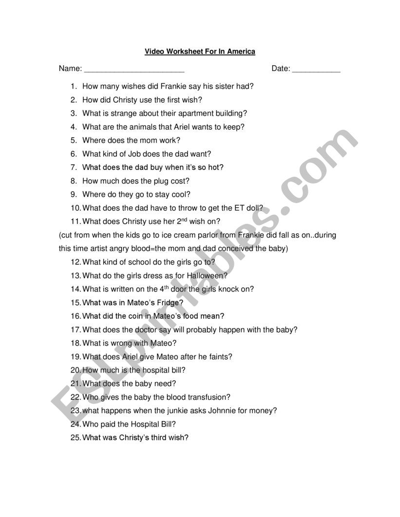 Video worksheet for the film 