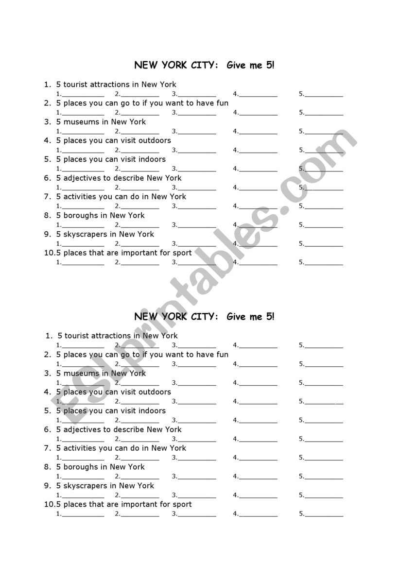 New York-Give me 5 worksheet