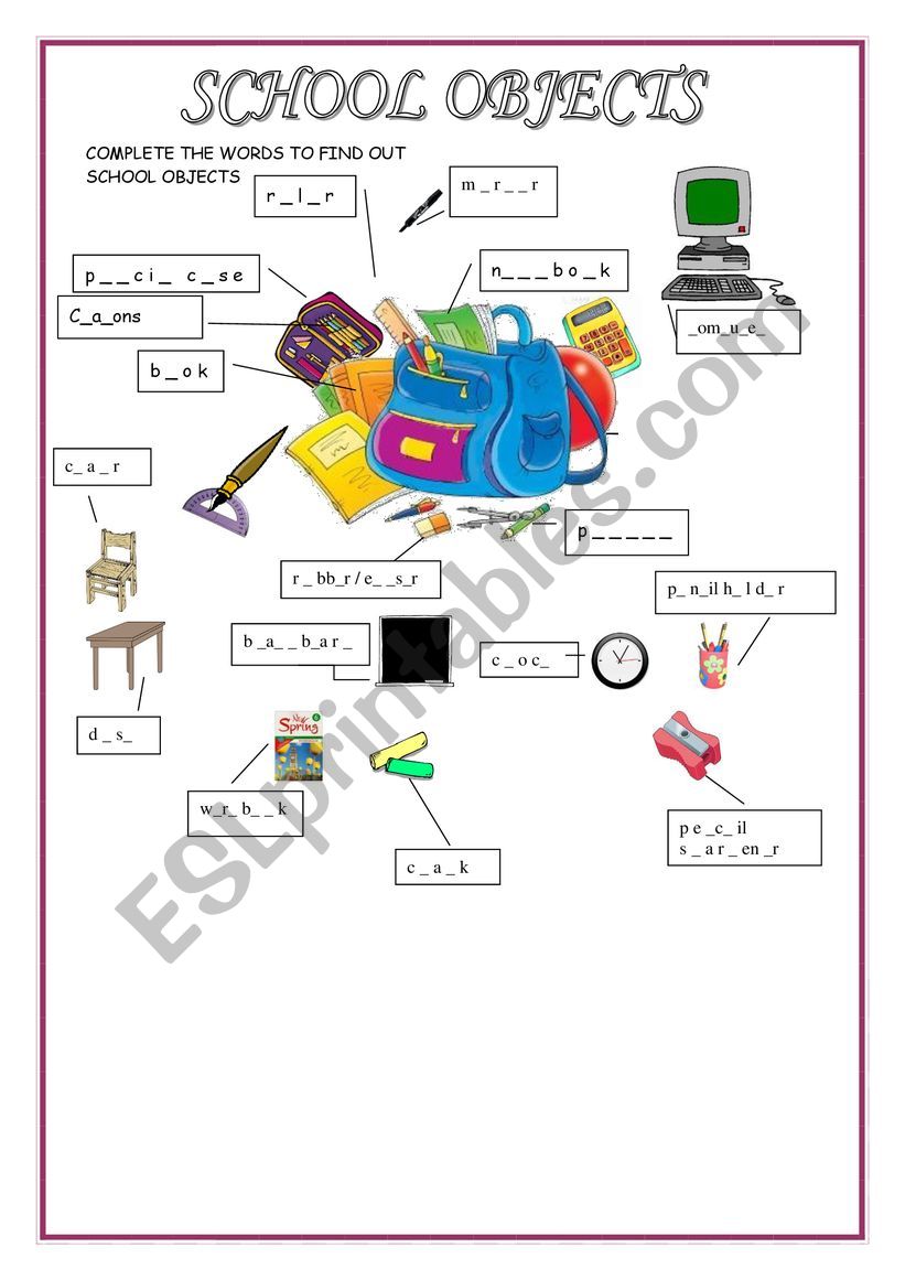 School objects worksheet