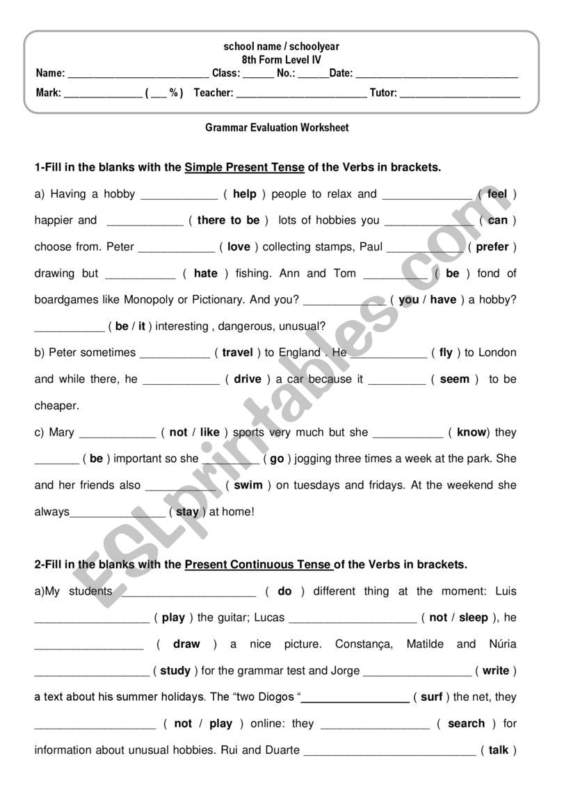 Grammar test on Present Simple / Present Continuous