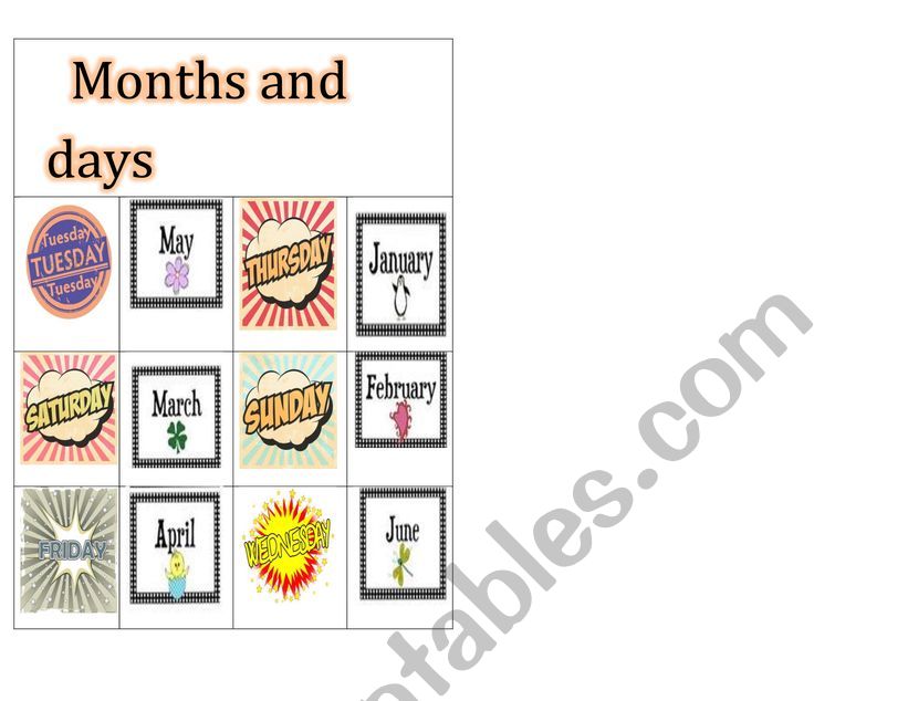 Months and days bingo  worksheet