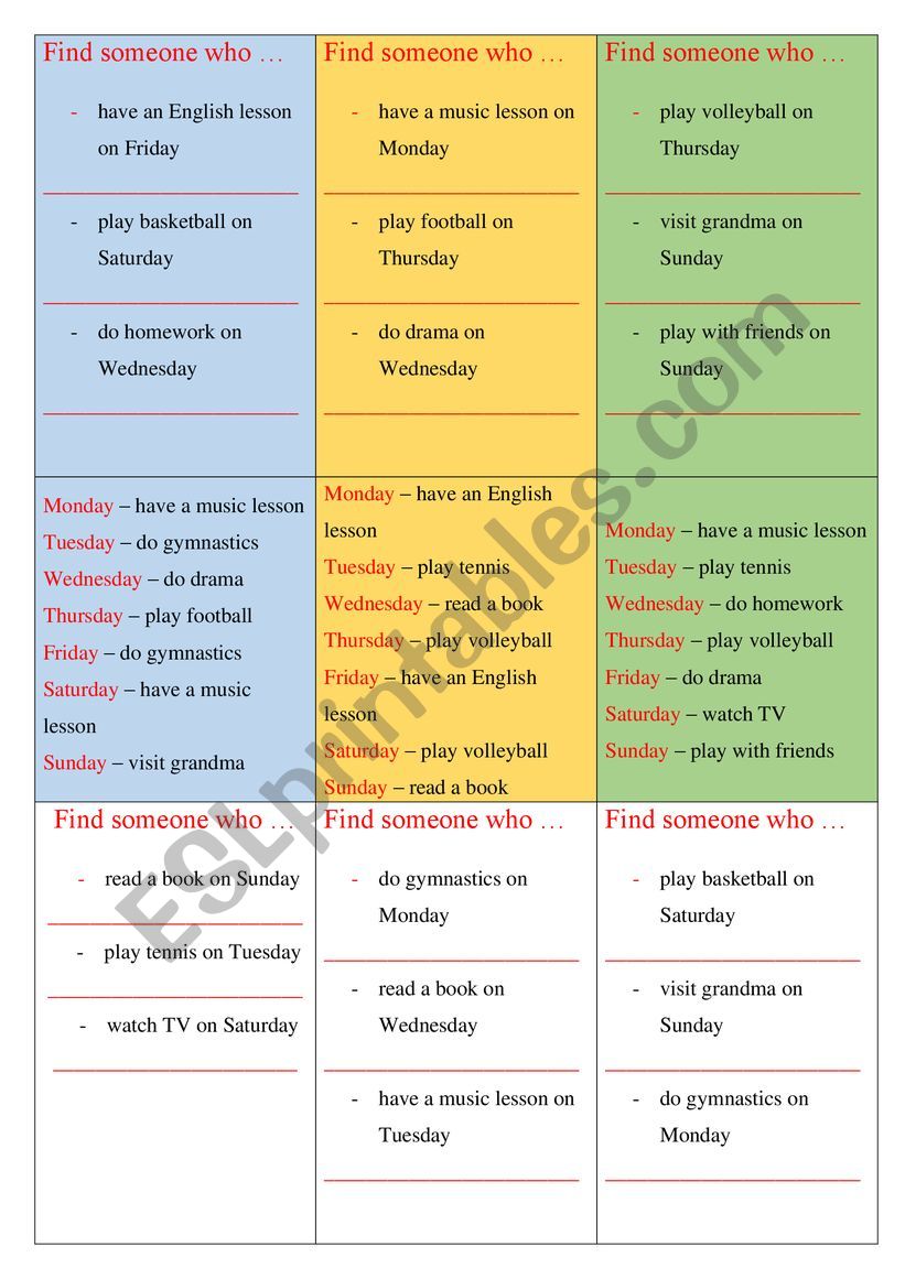 Afterschool activities (find someone)