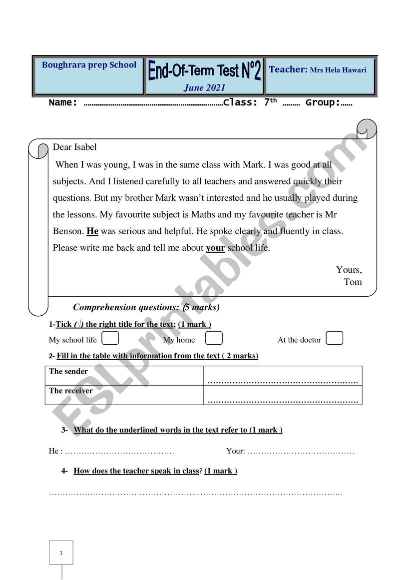 7th form end of term test N 2 worksheet