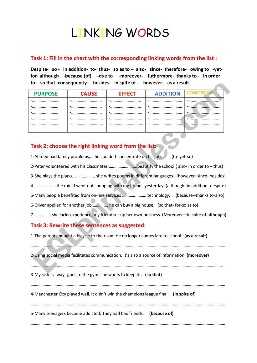 linking words  worksheet