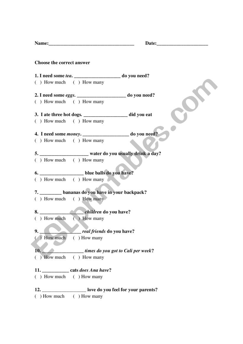 How Much or How Many worksheet