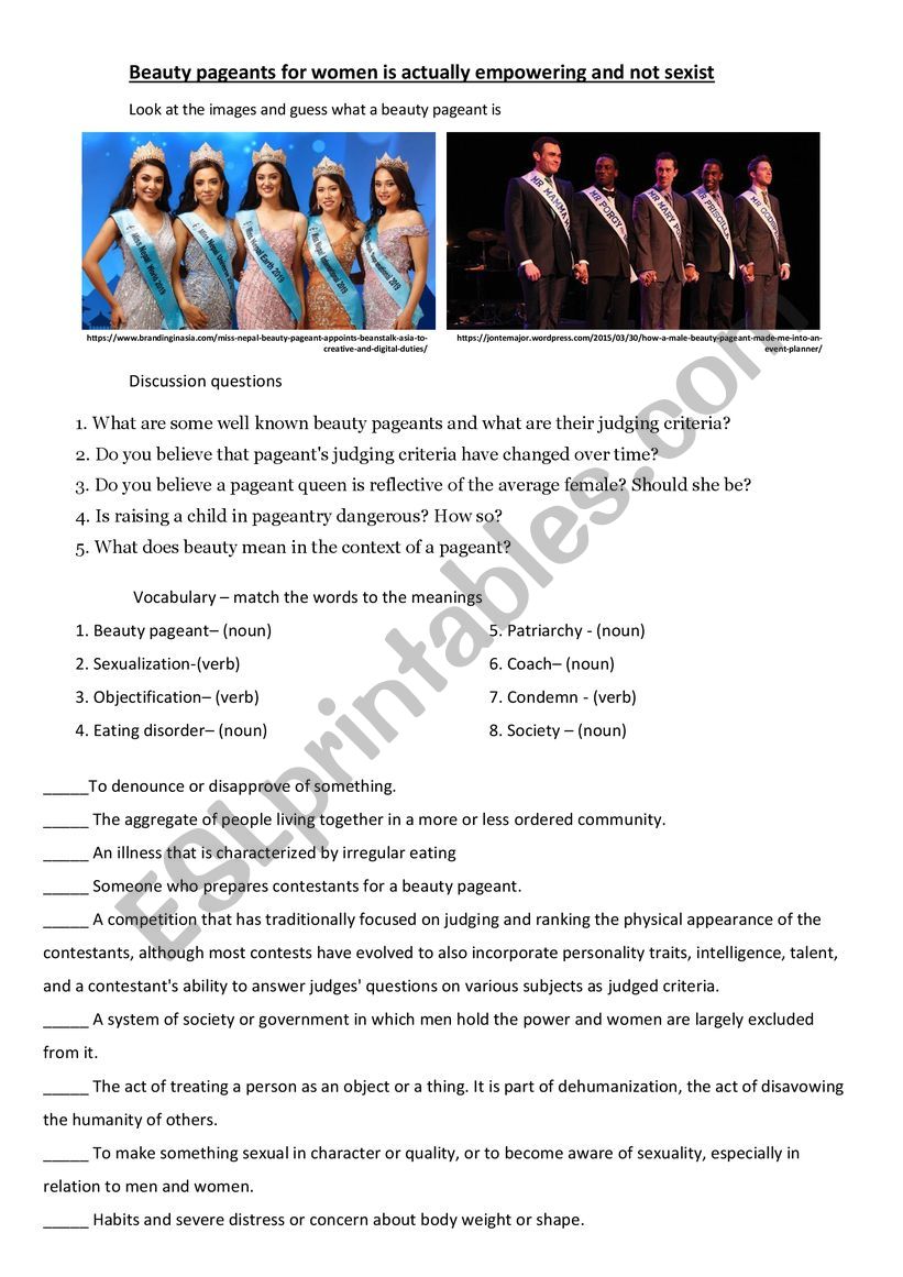 Beauty pageants for women - worksheet