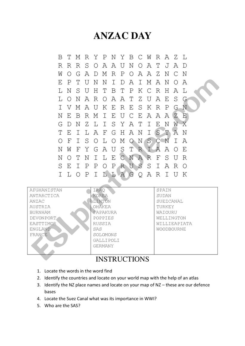 Anzac Day Word Find and Facts ESL worksheet by Dangummi