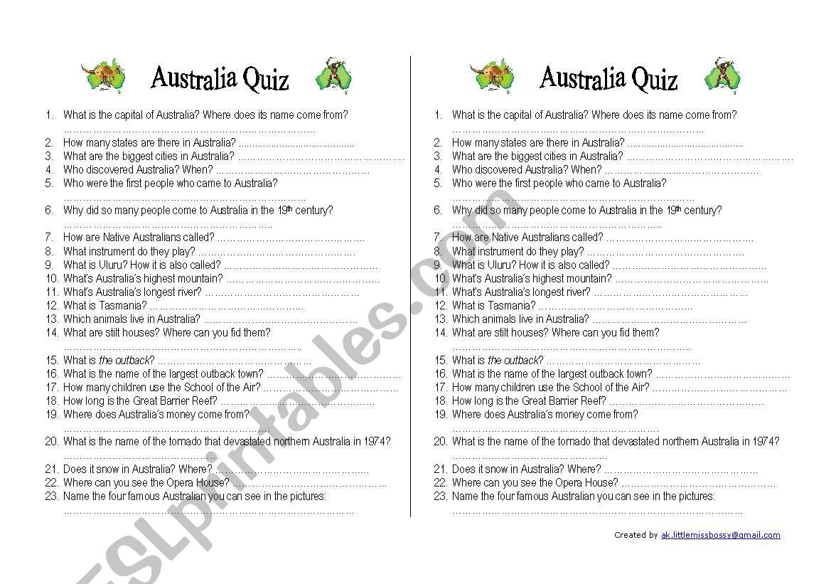 Down Under - Australia Quiz Worksheet A