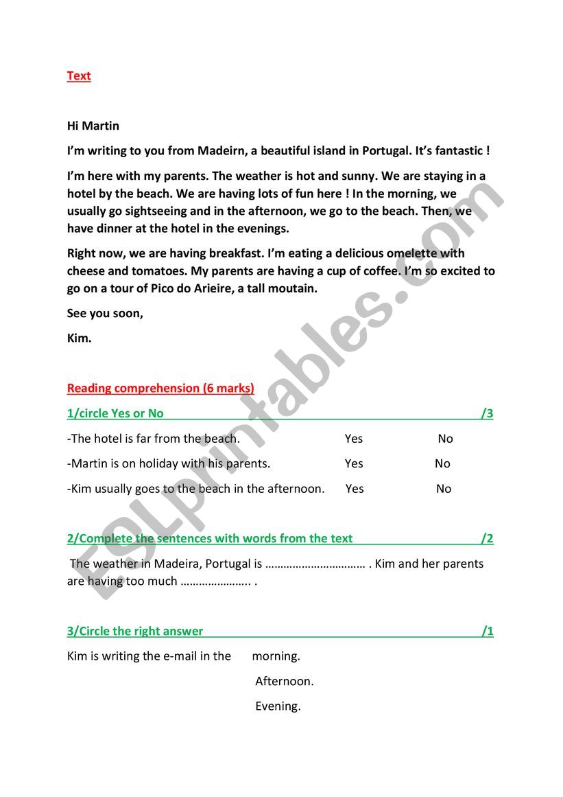 reading comprehension test 6th form (TUNISIAN) 