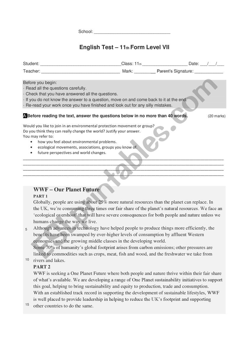 Test Environment - WWF worksheet