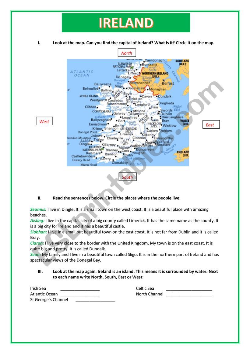 Ireland - towns and cities worksheet