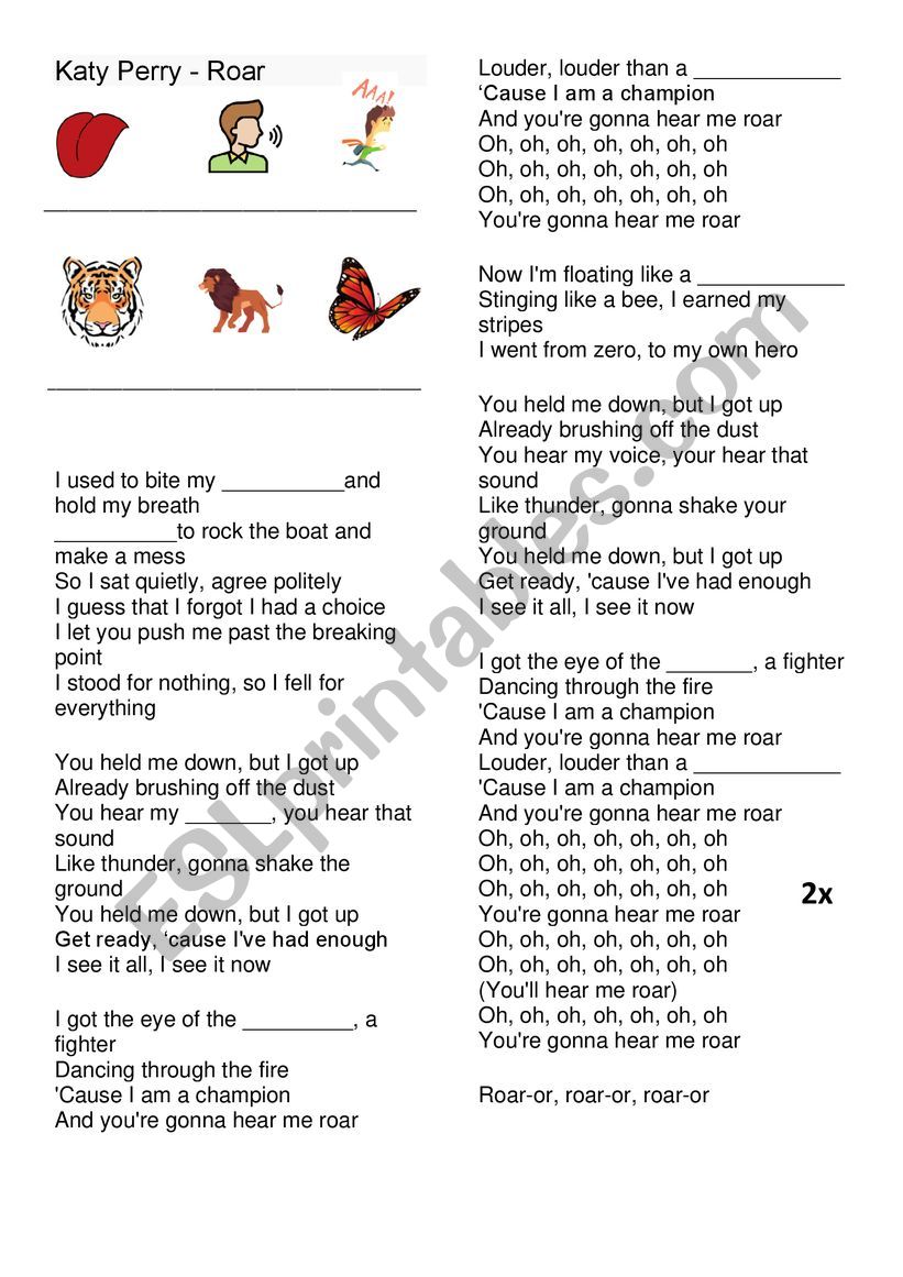 song roar  worksheet