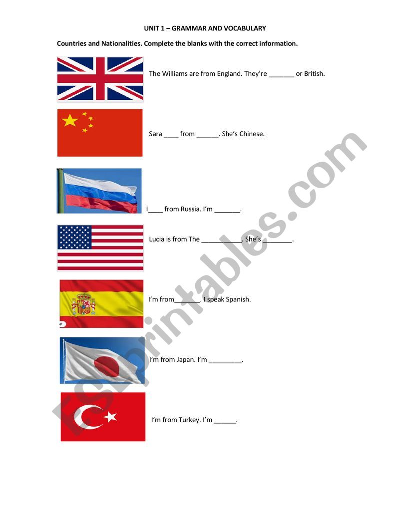 Countries and nationalities worksheet