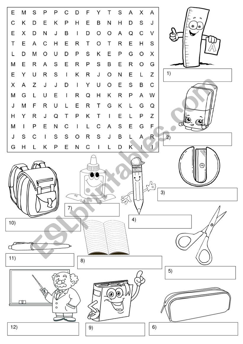  School things word search worksheet